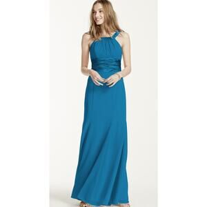 Beautiful David’s Bridal Bridesmaid Evening Teal Formal Gown Long Maxi Dress 2